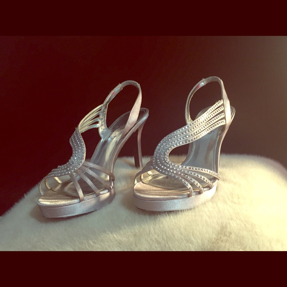 Silver satin heels